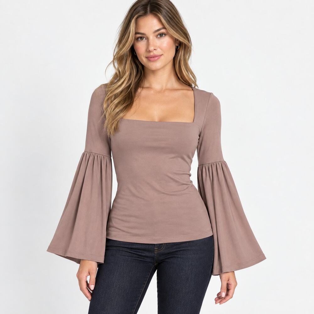 Susana Monaco Taupe Square Neck Bell Sleeve Top Size S